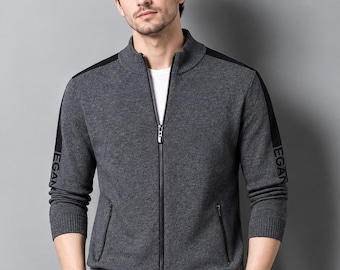 Herren-Strickjacke aus 100 % Wolle mit Reißverschluss, Stehkragenpullover, lässige Strickjacke, Herbstjacke