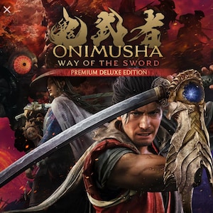 May include: A promotional poster for Onimusha Way of the Sword Premium Deluxe Edition featuring a central character holding a long sword with an ornate, glowing blue hilt. The background displays a dark, fiery scene with a second figure.