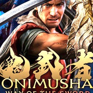 May include: A video game cover art featuring a determined warrior holding a katana above their head. The title Onimusha Way of the Sword Deluxe Edition is printed in gold and white text. The background displays blue and red tones with intricate details.