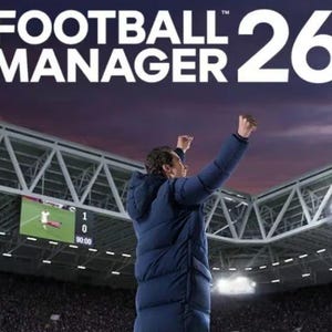 May include: A digital graphic for Football Manager 26 featuring a person in a dark blue hooded puffer jacket with arms raised in celebration. In the background, a stadium scoreboard displays a 1-0 score at 90:00 under a dark purple sky.