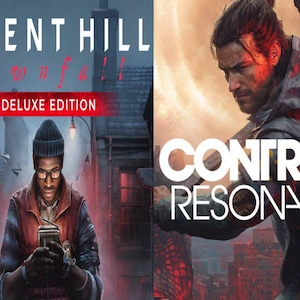 May include: A split-screen digital graphic featuring the text SILENT HILL townfall DELUXE EDITION above a person in a beanie and glasses holding a device, and the text CONTROL RESONANT above a person holding a large object in a red-lit environment.