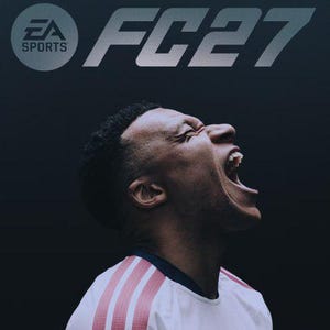 Puede incluir: La portada del videojuego EA Sports FC 27 Ultimate Edition presenta un fondo oscuro con el título en la parte superior. Se muestra a una persona desde el pecho hacia arriba, vistiendo una camiseta blanca con rayas rosas en el hombro y un escudo.