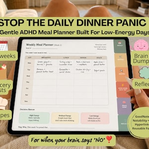 Könnte beinhalten: Ein digitaler wöchentlicher Essensplaner auf einem Tablet-Bildschirm mit Abschnitten für Frühstück, Mittagessen, Abendessen und Snacks. Die Benutzeroberfläche enthält Bereiche für Einkaufslisten, Rezepte, Brain Dump und Reflexion sowie den Text Stop the Daily Dinner Panic.