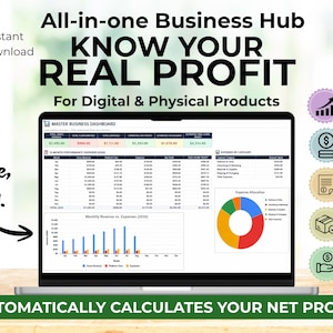 May include: A laptop screen displaying a Master Business Dashboard in Google Sheets with financial data, charts, and tables. Text includes All-in-one Business Hub, KNOW YOUR REAL PROFIT, Track, Analyze, Grow, and AUTOMATICALLY CALCULATES YOUR NET PROFIT.