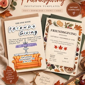May include: A bundle of two editable Friendsgiving invitation templates featuring a cream-coloured card with a fountain and orange sofa illustration, and a second card decorated with autumn leaves, berries, and nuts, both with text.