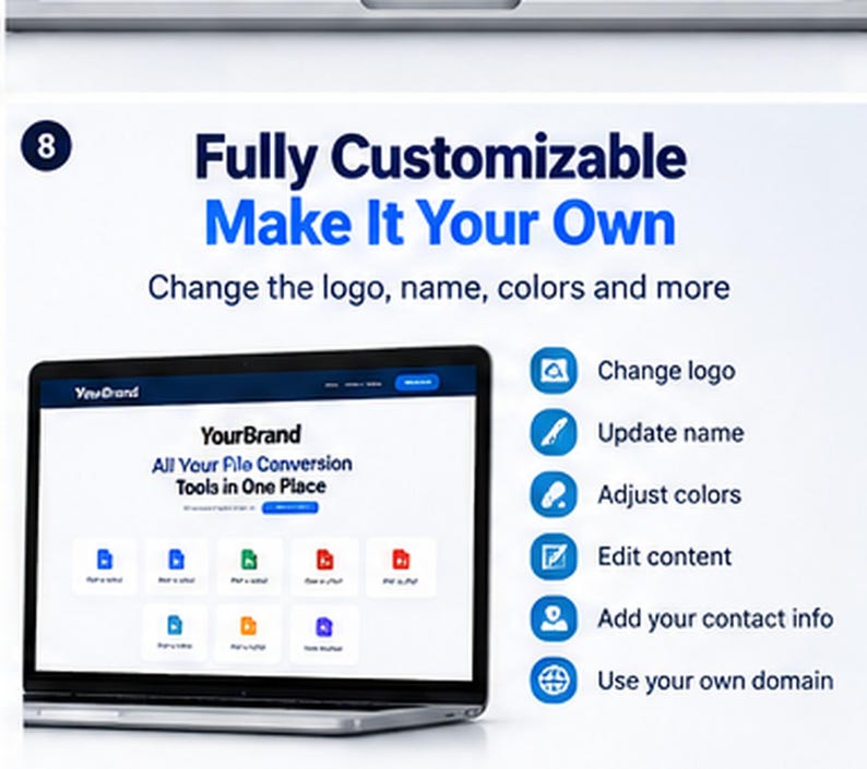 May include: A digital graphic displaying a laptop screen with the text Fully Customizable Make It Your Own. The screen shows a website interface with the text YourBrand All Your File Conversion Tools in One Place and various icons. A list of features includes Change logo, Update name, Adjust colours, Edit content, Add your contact info, and Use your own domain.