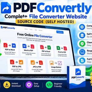 May include: A laptop screen displaying the PDFConvertly website interface, featuring seven file conversion tools including PDF to Word, Excel, and JPG. The graphic includes text labels for source code, self-hosting, and responsive design features.