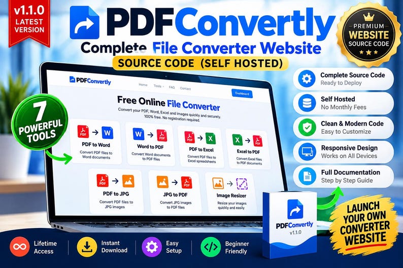 May include: A laptop screen displaying the PDFConvertly website interface, featuring seven file conversion tools including PDF to Word, Excel, and JPG. The graphic includes text labels for source code, self-hosting, and responsive design features.