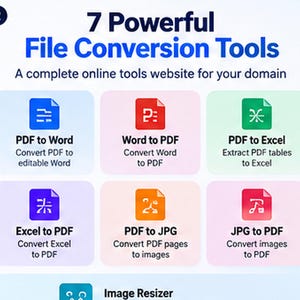 May include: A digital graphic titled 7 Powerful File Conversion Tools featuring six colourful icons representing PDF to Word, Word to PDF, PDF to Excel, Excel to PDF, PDF to JPG, and JPG to PDF conversion functions, plus an Image Resizer tool.