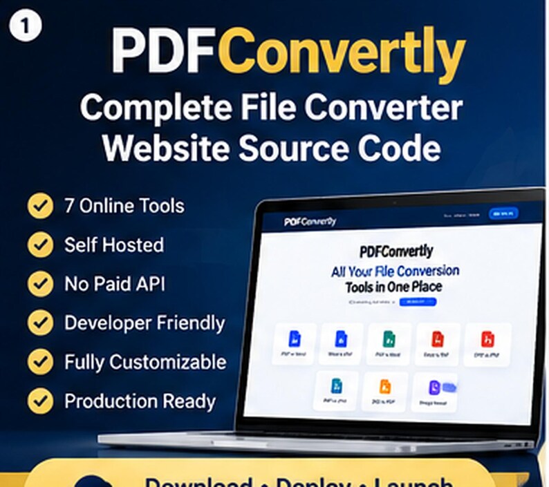 May include: A laptop displaying the PDFConvertly website, a complete file converter source code. The screen shows the text All Your File Conversion Tools in One Place with various file icons. A list highlights 7 Online Tools, Self Hosted, No Paid API, Developer Friendly, Fully Customizable, and Production Ready.