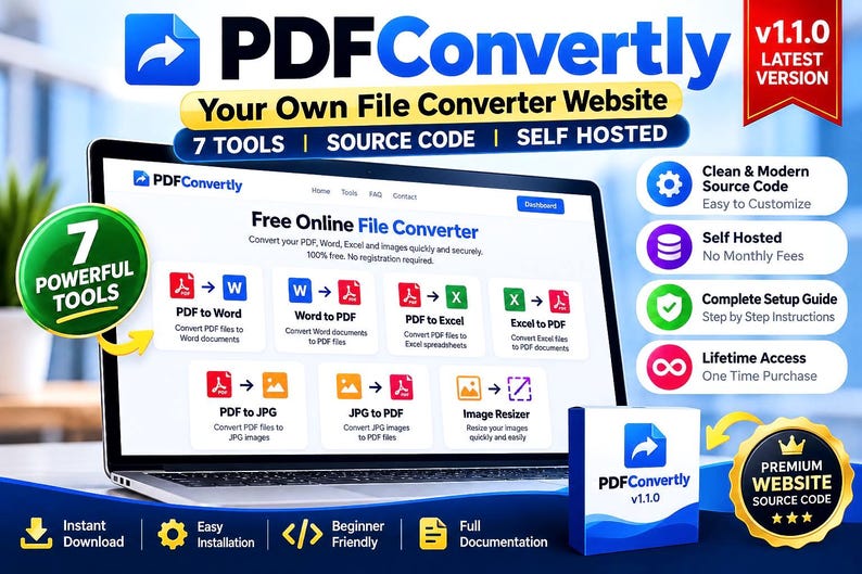 May include: A laptop screen displaying the PDFConvertly website, a file converter platform featuring seven tools including PDF to Word, Word to PDF, PDF to Excel, Excel to PDF, PDF to JPG, JPG to PDF, and an image resizer, with a software box in front.