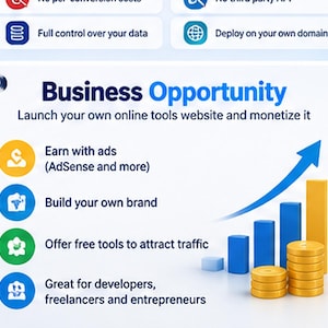 May include: An infographic titled Business Opportunity featuring text about launching an online tools website. It includes icons for earning with ads, building a brand, and offering free tools, alongside a blue upward arrow and a bar chart with gold coins.