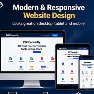 May include: A digital display showing a modern and responsive website design for PDFConvertly, featuring the text 'All Your File Conversion Tools in One Place' on a desktop monitor, a tablet, and a smartphone, all set against a dark blue background.