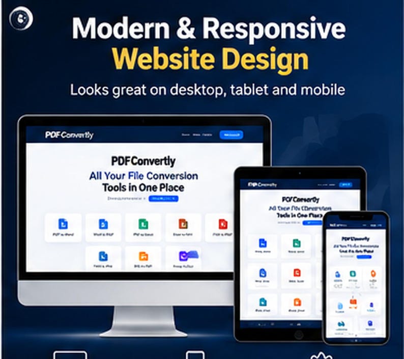 May include: A digital display showing a modern and responsive website design for PDFConvertly, featuring the text 'All Your File Conversion Tools in One Place' on a desktop monitor, a tablet, and a smartphone, all set against a dark blue background.