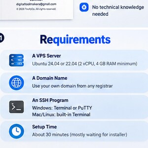 May include: An informational graphic titled Requirements listing technical needs: a VPS server with Ubuntu 24.04 or 22.04, 2 vCPU, 4 GB RAM, a domain name, an SSH program like Terminal or PuTTY, and a setup time of about 30 minutes. No technical knowledge needed.