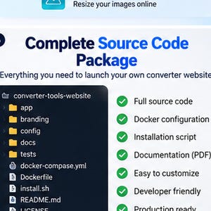 May include: A digital product display titled Complete Source Code Package for a converter website. It features a dark file directory list including app, branding, config, docs, tests, and docker-compose.yml, alongside a list of green checkmark features.
