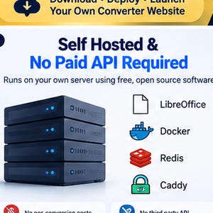 May include: A stack of four dark grey server units with glowing blue indicator lights. The text reads: Self Hosted & No Paid API Required. Runs on your own server using free, open source software. Icons for LibreOffice, Docker, Redis, and Caddy are shown.