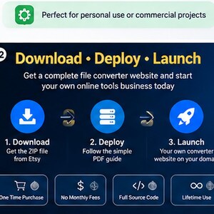 May include: A digital infographic with a dark blue background detailing a three-step process: Download, Deploy, and Launch. It includes icons for a file download, server storage, and a rocket, with text explaining the setup of a file converter website.