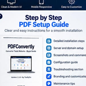 May include: A digital product guide titled Step by Step PDF Setup Guide for PDFConvertly. The document includes sections for installation, server setup, configuration, troubleshooting, branding, and maintenance, featuring a laptop graphic.