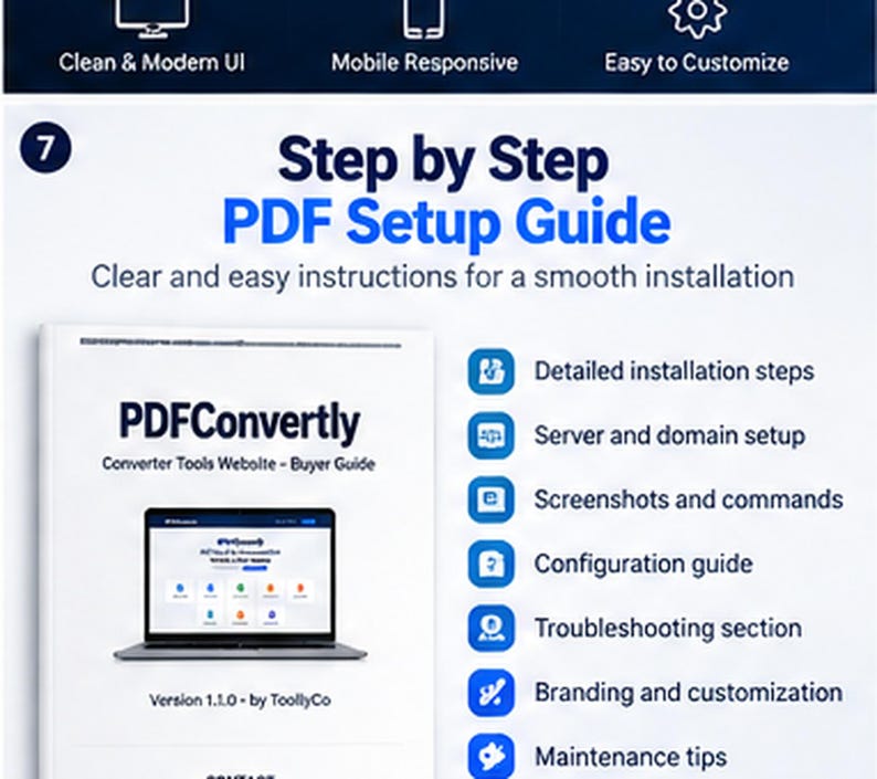 May include: A digital product guide titled Step by Step PDF Setup Guide for PDFConvertly. The document includes sections for installation, server setup, configuration, troubleshooting, branding, and maintenance, featuring a laptop graphic.