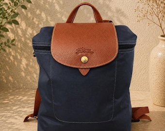 Longchamp Nylon Backpack, Navy Blue Bag, Brown Leather Trim, Lightweight Everyday Backpack
