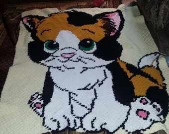 Calico Cat Kitty mini c2c pattern with written color and block count instructions