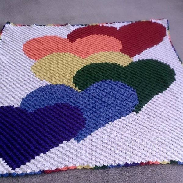 C2C GRAPH Rainbow Hearts c2c pattern with written word/color chart instructions. c2c graph pattern, crochet afghan pattern, c2c graph, c2c