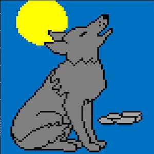 Wolf and Moon C2C graph crochet pattern with color chart instructions.