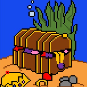 UNDER THE SEA c2c graph pattern with written row by row color count instructions, Treasure chest, Fish, Gold, Gems,
