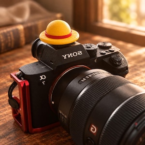 May include: A black Sony Alpha camera body with a large lens attached, featuring a bright yellow straw hat with a red band resting on top of the camera's hot shoe. The camera includes a red metal cage frame on the side and displays the Sony logo.