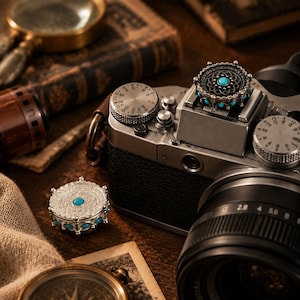 May include: Two circular metal containers featuring intricate silver-toned filigree patterns and small, round, bright turquoise-colored insets. One container is placed on top of a silver and black camera, while the other sits on a dark surface.