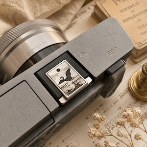 May include: A matte gray digital camera featuring a silver lens with 3.5-5.6/16-50 markings and a square hot shoe cover engraved with a detailed black and white illustration of a bird in flight over water, positioned near a vintage book.