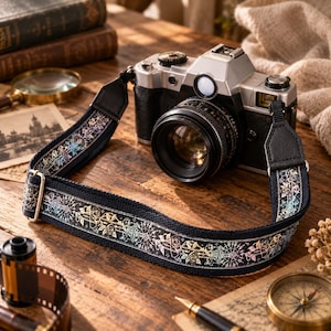 May include: A silver and black SLR camera with a black fabric camera strap featuring a repeating iridescent floral and geometric pattern. The strap includes black leather-like end tabs and silver metal hardware, attached to the camera body.