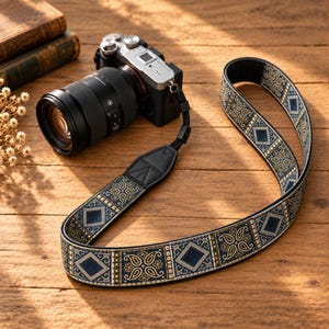 Pode incluir: Uma câmara mirrorless prateada com uma lente preta presa a uma correia comprida. A correia apresenta um padrão repetitivo de losangos azul-escuros e motivos florais paisley dourados sobre um fundo preto com pontas em pele preta.