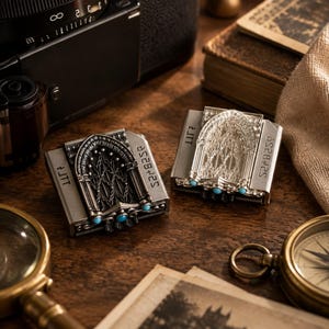May include: Two square metal pins featuring a raised gothic arch window design. One pin is dark gunmetal gray, and the other is polished silver. Both pins have three small turquoise beads at the base and the text S2+82SP engraved on the side.