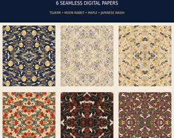 May include: Six seamless digital papers titled JAPANESE AUTUMN MOONLIGHT, 6 SEAMLESS DIGITAL PAPERS, TSUKIMI • MOON RABBIT • MAPLE • JAPANESE WASHI. The patterns feature rabbits, moons, maple leaves, and floral motifs in blue, gold, red, and cream.