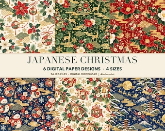 May include: A collection of six digital paper designs featuring Japanese Christmas motifs including poinsettias, deer, snowmen, bells, and Mount Fuji in red, green, white, and navy blue with gold accents. The text reads JAPANESE CHRISTMAS.