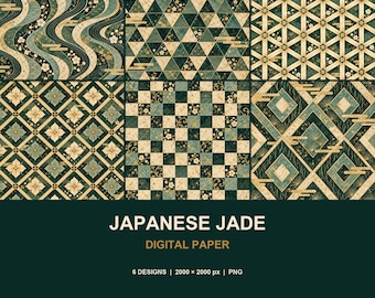 May include: A collection of six digital paper patterns in shades of jade green, gold, and cream. The designs feature geometric shapes, wavy lines, and floral motifs. Text reads: JAPANESE JADE DIGITAL PAPER, 6 DESIGNS | 2000 x 2000 px | PNG, atelier mint.
