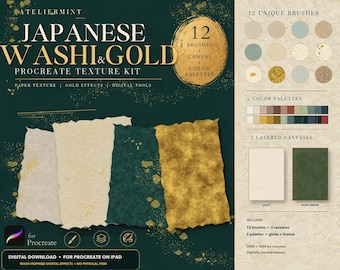 May include: A digital texture kit for Procreate titled Japanese Washi & Gold, featuring 12 brushes, 2 layered canvases, and 2 color palettes. The display shows torn paper samples in cream, beige, dark green, and gold textures on a dark background.