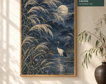 May include: A digital print featuring a crane standing in a marsh at night under a full moon. Tall grasses sway in the foreground against a dark blue forest backdrop. The text reads: DIGITAL PRINT, 5 RATIOS, NO PHYSICAL ITEM.