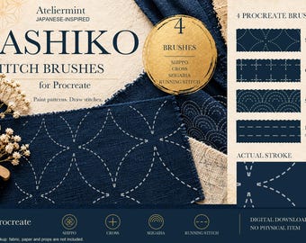 May include: A digital set of 4 Sashiko stitch brushes for Procreate, featuring Shippo, Cross, Seigaiha, and Running Stitch patterns. The image displays dark blue fabric textures with white stitched designs, gold circular accents, and text labels for each brush type.