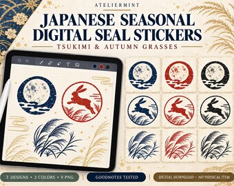 May include: Digital sticker set featuring Japanese seasonal motifs including a full moon, a leaping rabbit, and autumn grasses. The designs are presented in blue, red, and black, displayed on a tablet screen and as individual square icons.