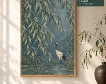 May include: A digital print wall art piece featuring a white crane with a red crown standing in a pond surrounded by green willow branches and reeds. The text in the corner reads DIGITAL PRINT 5 RATIOS NO PHYSICAL ITEM.