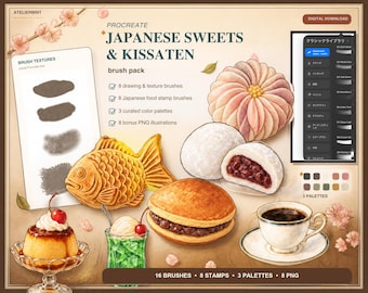 May include: A digital brush pack for Procreate titled Japanese Sweets & Kissaten. The image displays various Japanese food illustrations including taiyaki, mochi, dorayaki, pudding, and coffee, alongside brush texture samples and a digital menu.