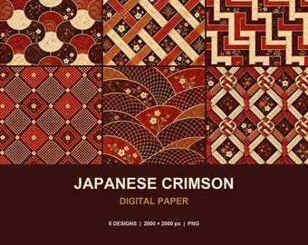 May include: A collection of six digital paper patterns featuring crimson, dark red, and cream color palettes with floral motifs, geometric grids, and woven textures. The text reads JAPANESE CRIMSON DIGITAL PAPER 6 DESIGNS 2000 x 2000 px PNG.