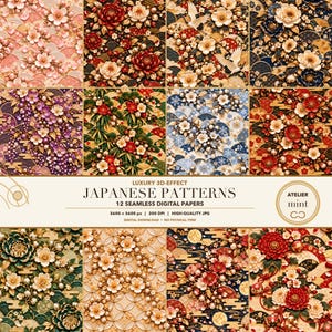 May include: A collection of 12 seamless digital papers featuring 3D-effect Japanese patterns with floral motifs, cranes, and geometric waves in various colours. The text reads LUXURY 3D-EFFECT JAPANESE PATTERNS 12 SEAMLESS DIGITAL PAPERS 3600 x 3600 px.