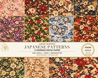 May include: A collection of 12 seamless digital papers featuring 3D-effect Japanese patterns with floral motifs, cranes, and geometric waves in various colors. The text reads LUXURY 3D-EFFECT JAPANESE PATTERNS 12 SEAMLESS DIGITAL PAPERS 3600 x 3600 px.