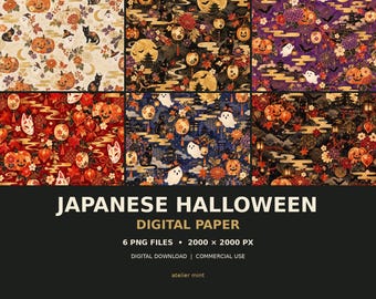 May include: Six digital paper patterns featuring Japanese Halloween themes with pumpkins, black cats, ghosts, fox masks, lanterns, and floral motifs in various color palettes including cream, purple, red, blue, and black, labeled Japanese Halloween.