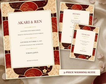 May include: A 3-piece wedding suite digital template measuring 5 by 7 inches, featuring a cream-colored center with dark red and gold circular patterns. The text includes AKARI & REN, wedding details, and a thank you note. Editable in Canva.
