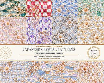 May include: A collection of 12 seamless digital papers featuring Japanese crystal patterns with glass-effect textures and floral motifs. The image includes text: LUXURY GLASS-EFFECT COLLECTION JAPANESE CRYSTAL PATTERNS 12 SEAMLESS DIGITAL PAPERS 3600 x 3600 px | 300 DPI | HIGH-QUALITY JPG DIGITAL DOWNLOAD | NO PHYSICAL ITEM ATELIER MINT.